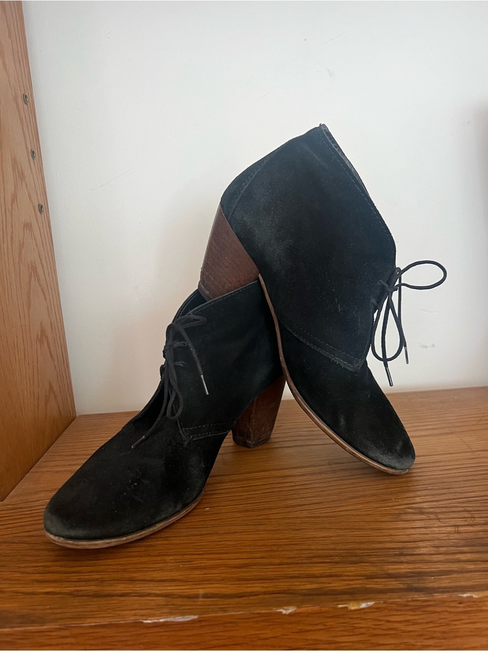 Madewell Black Suede Lace-Up Ankle Booties with Wood Block Heel